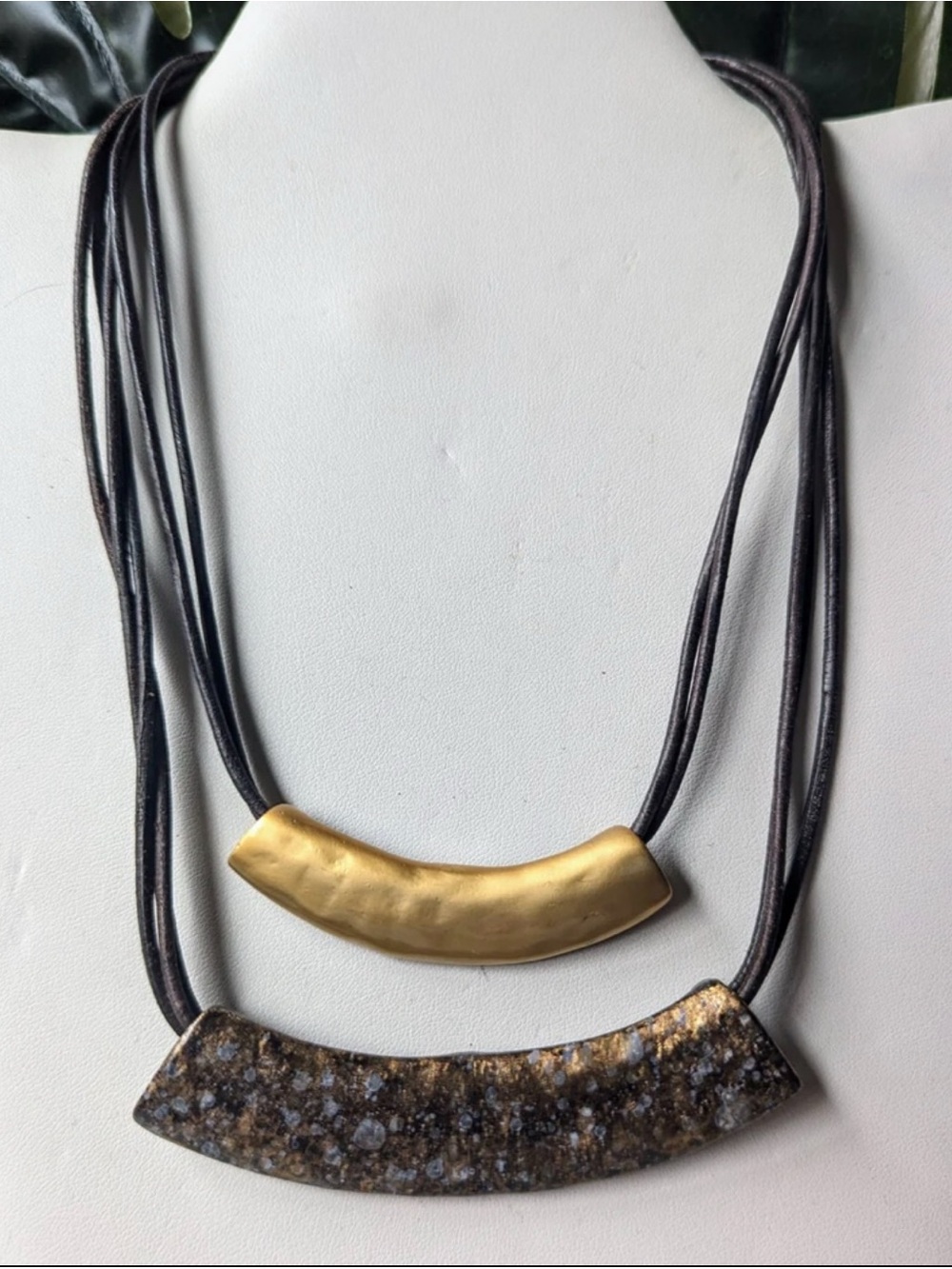 Vintage Bar Necklace- brown and gray blue with gold accents
